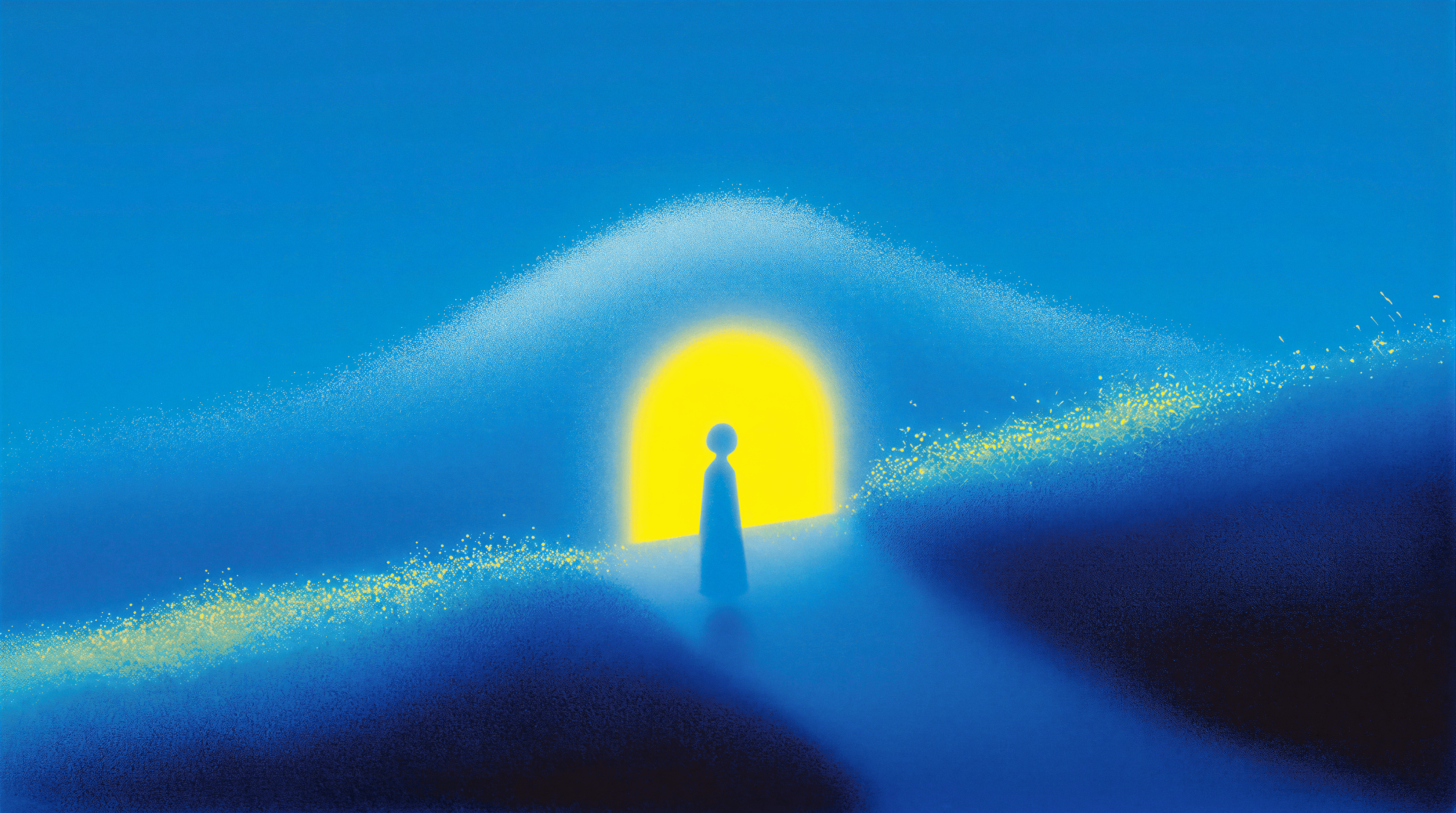 Figure walking toward a glowing portal